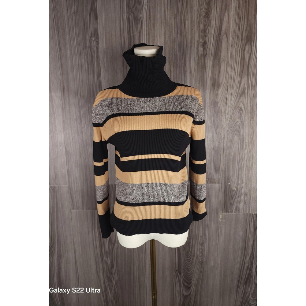 Petite Sophisticate Womens Striped Ribbed Turtleneck Sweater Cotton‎ Black Tan P